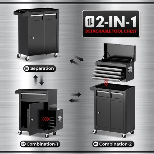 Vista 6 de INTERGREAT Caja de herramientas con ruedas, organizador de 5 cajones con ruedas bloqueables, cajones deslizantes y parte superior desmontable