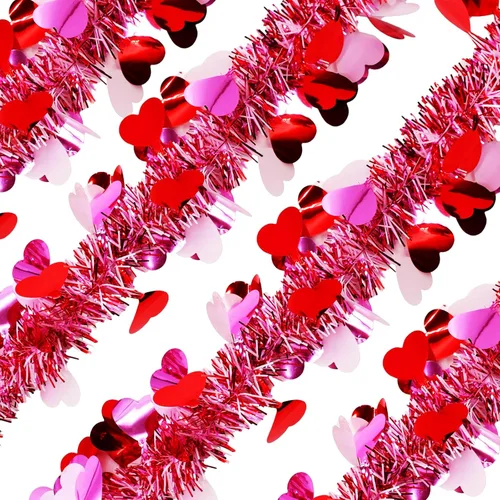 Vista 3 de Guirnalda de oropel de San Valentín de 4 cuerdas en total de 26.4 pies, cada guirnalda metálica de 6.6 pies con corazones colgantes con purpurina