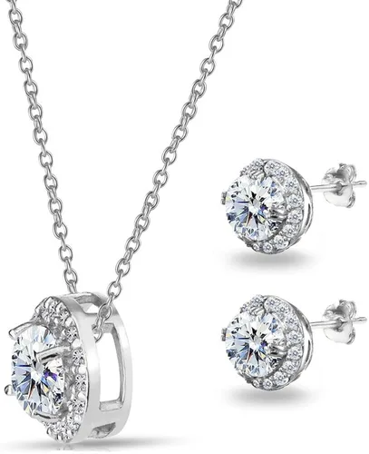 Vista 4 de Juego de aretes y collar de plata de ley AAA con circonita cúbica redonda para mujer, Metal
