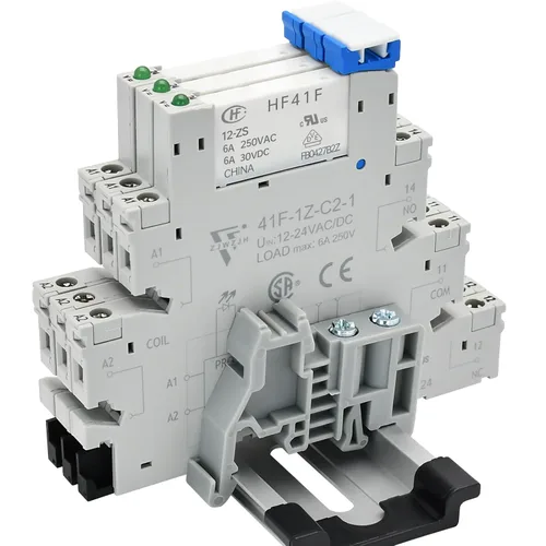 Vista 21 de Relé electromagnético 5VDC SPDT 6Amp, relés de alimentación con indicador LED, base de enchufe, riel DIN, ultra delgado de 6.2mm, certificación UL