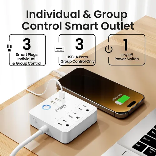 Vista 5 de GHome Smart Regleta protectora contra sobretensiones 10A, enchufe inteligente que funciona con Alexa y Google Home, tomas WiFi 6 en 1 con control