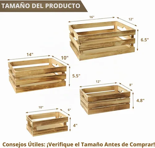 Vista 2 de Cajas grandes decorativas de almacenamiento de madera chamuscada, conjunto de 4 cajas de madera anidadas para exhibición rústica, cajas de Marrón