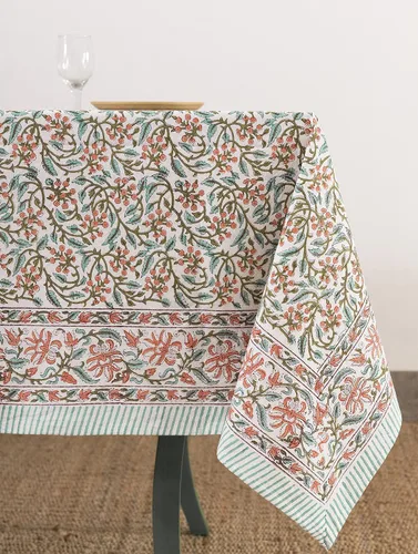Vista 22 de Labhanshi Mantel rectangular de 6 plazas de algodón prelavado con estampado indio a mano, 60 x 90 pulgadas, diseño floral de algodón prelavado