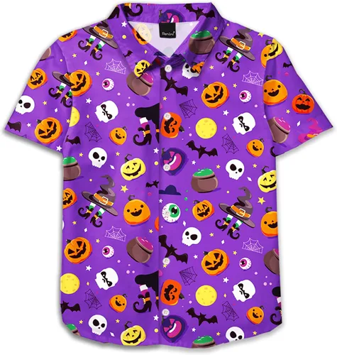 Vista 8 de Remimi Camisa unisex de Halloween para niños, camisetas hawaianas de manga corta con botones feos de 5 a 14 años Christmas Gift