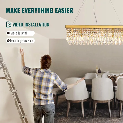 Vista 5 de Siljoy Candelabro de Cristal Moderno de 6 Luces Rectangular Dorado K9 Candelabro de Cristal en Forma de Gota de Lluvia para Comedor, Lámpara