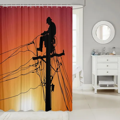 Vista 2 de Erosebridal Lineman - Cortina de ducha para niños y hombres, electricista, liniero, cortina con estampado de silueta de estilo europeo, cortina