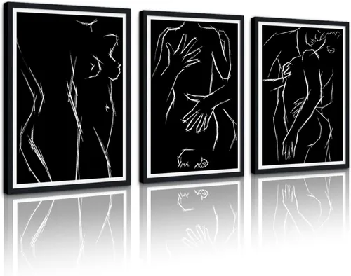Vista 8 de Novatique 3 piezas de arte de pared sexy en blanco y negro para parejas desnudas, decoración de pared abstracta de amor para mujeres y hombres, arte