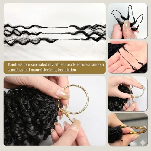 Vista 4 de Cabello humano rizado birmano de ganchillo sin nudos, con plumas previamente separadas, cabello humano Remy ligero y reutilizable con rizado birmano