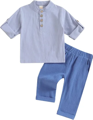 Vista 11 de Karuedoo Prendas de vestir para bebé niño de algodón y lino, camisas Henley con botones de manga larga, pantalones casuales conjunto A-beige Hierba