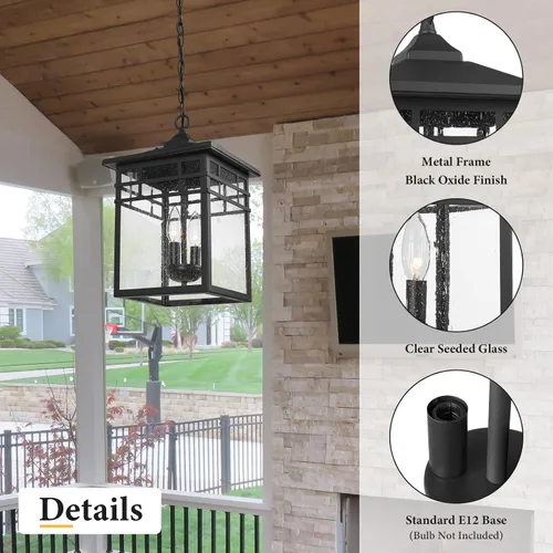 Vista 2 de Farol colgante para exteriores para porche delantero, 10 pulgadas, grande, negro, lámpara colgante con pantalla de vidrio sembrado para patio