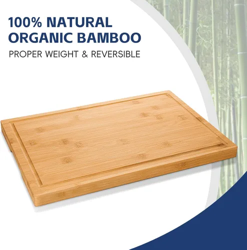 Vista 3 de Hiware Tabla de cortar de bambú de 3 piezas para cocina, tabla de cortar de bambú resistente con ranura para jugo, juego de tablas de cortar
