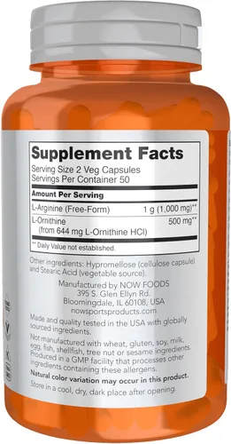 Vista 2 de NOW Sports Nutrition, Arginina y Ornitina 500/250 mg, Aminoácidos, 100 Cápsulas Vegetales