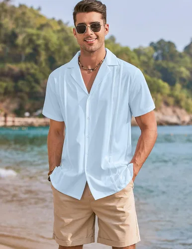 Vista 8 de COOFANDYMen'sCubanGuayaberaShirtsShortSleeveButtonDownShirtsSummerBeachShirts