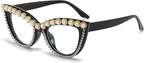 Vista 8 de LJCZKA Rhinestone Cat Eye Glasses Women Vintage Anti Eyestrain Blue Light Blocking Computer Glasses Diamond Eyewear Diamante Negro Transparente