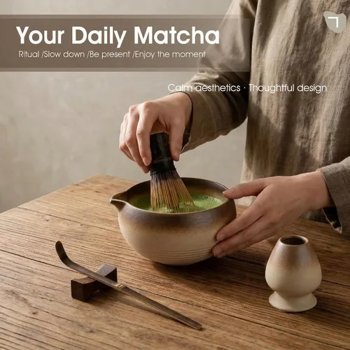 Vista 5 de Juego de batidor de matcha, kit de 5 piezas con cuenco de cerámica matcha, batidor de bambú, cuchara, juego completo de té Matcha perfecto