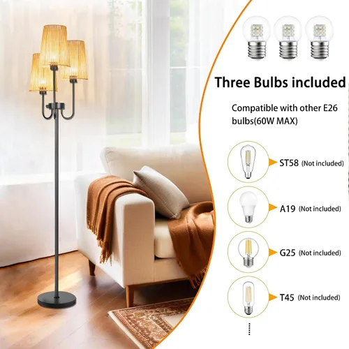 Vista 4 de Lámpara de pie de ratán para sala de estar, lámpara de pie de granja de 3 luces con pantallas de ratán, lámparas altas rústicas de 65 pulgadas