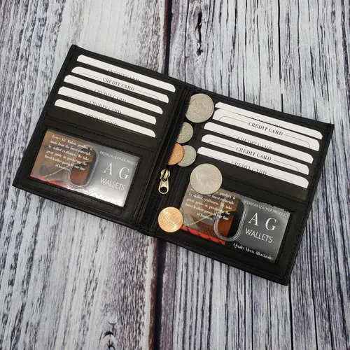 Vista 4 de ag wallets Cartera europea plegable de cuero genuino RFID para hombre Hipster 2 ventanas de identificación