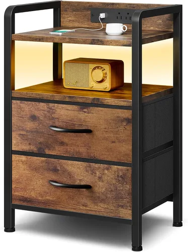 Vista 13 de Lazzanto Mesita de noche para dormitorio, mesita de noche con estación de carga y tira de luz LED, mesita de noche con estante de almacenamiento y 2