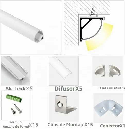 Vista 5 de THMOOTHER Paquete de 5 tiras LED en forma de V de 3.3 pies, sistema de difusor de canal de aluminio, cubierta lechosa extruida con conector