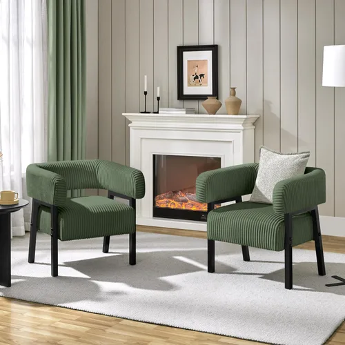 Vista 10 de Yaheetech Silla decorativa de pana con diseño de barril, moderno sillón tapizado con patas de madera maciza, acogedora silla de ocio con asiento