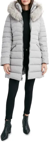 Vista 8 de Laundry by Shelli Segal Chaqueta acolchada elástica para mujer, abrigo largo de invierno con capucha de piel sintética