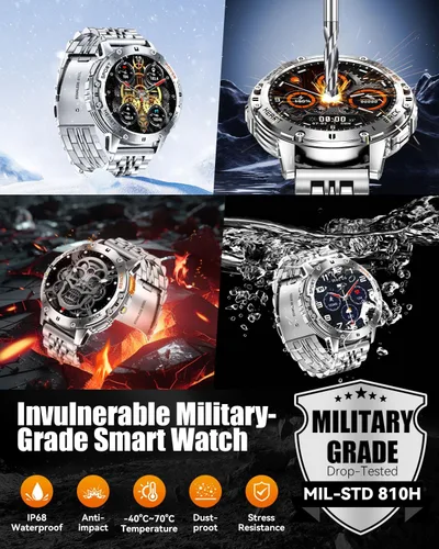 Vista 8 de Relojes inteligentes militares para hombre con llamada Bluetooth, reloj inteligente AMOLED impermeable de 1.43 pulgadas con linterna, 111 modos