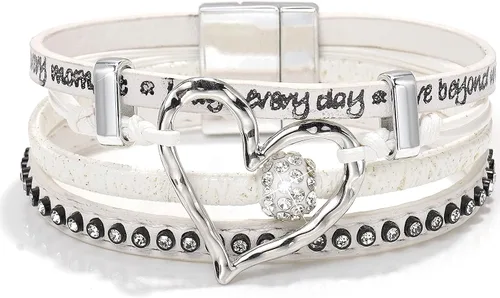 Vista 17 de Suyi Pulsera trenzada de cuero multicapa para mujer, con hebilla magnética Perla Caqui1