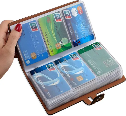 Vista 21 de Soporte para tarjetas de crédito RFID, organizador de tarjetas de visita de cuero con 96 ranuras para tarjetas, protector de tarjetas de crédito