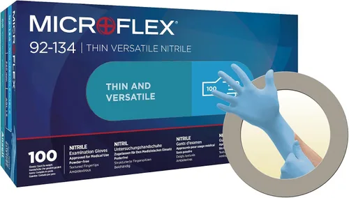 Vista 2 de Microflex 92-134 - Guantes desechables de nitrilo sin polvo para limpieza con puntas de dedos texturizadas