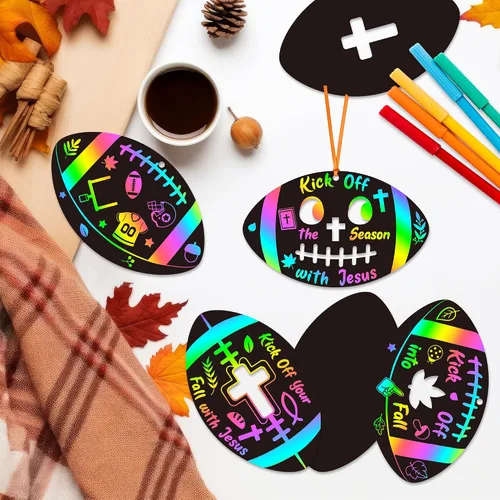 Vista 3 de BeYumi Tarjetas rasca de fútbol de otoño, 60 tarjetas de rascar de fútbol religioso de otoño para niños, otoño, Acción de Gracias, bricolaje, cruz
