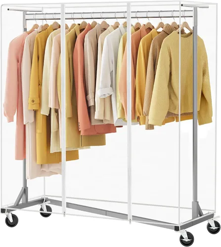 Vista 10 de Hoctieon Z Perchero de Ropa con Cubierta, Perchero de Ropa de Metal Resistente, Perchero de Ropa Rodante con Ruedas, con Cubierta Antipolvo