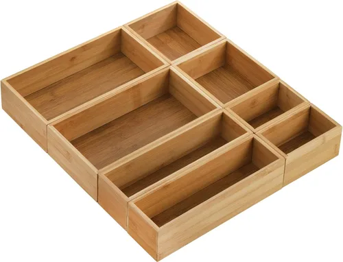 Vista 8 de Lawei Juego de 5 cajas organizadoras de cajones de bambú, kit de caja de almacenamiento de escritorio, contenedores de almacenamiento de cajones
