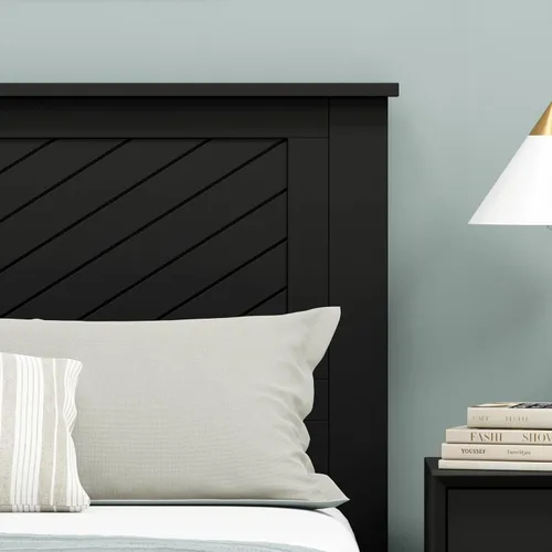 Vista 5 de ComfIQ Serene - Cabecera de madera de álamo tamaño completo en negro, panel de granja moderno con ranurado en chevron, estilo costero casual, fácil
