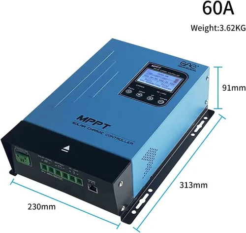 Vista 2 de Controlador de carga solar MPPT 60A 12V24V48V Regulador de batería automático Panel solar Max 150V entrada para baterías de litio, selladas, gel e