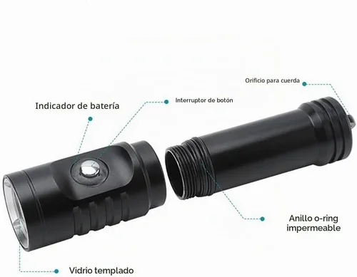 Vista 4 de Linterna de buceo de 10000 lúmenes, luz de buceo IPX8, impermeable, recargable, 3 modos, linterna submarina, linterna LED submarina profesional