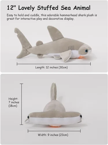 Vista 5 de Lindo juguete de peluche de tiburón martillo, adorable animal de mar de peluche de tiburón suave de 12 pulgadas para niños, esponjoso, regalo