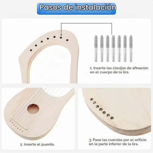 Vista 3 de Kit de 7 cuerdas de arpa de liria, haz tu propia madera de bajo, arpa de lira de madera con poste de cuerda afinación