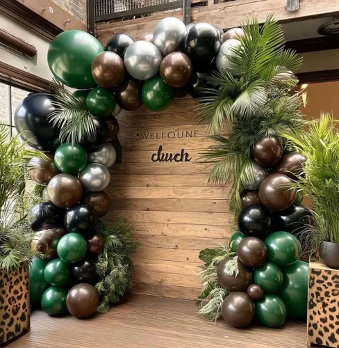 Vista 8 de Arco de globos de látex negro y verde, guirnalda de globos de látex de doble relleno, color verde oscuro, marrón, plateado, para camuflaje