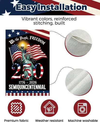 Vista 4 de Bandera de jardín de 250 años de América, bandera patriótica del 4 de julio de 250 aniversario de Estados Unidos, impermeable de doble cara