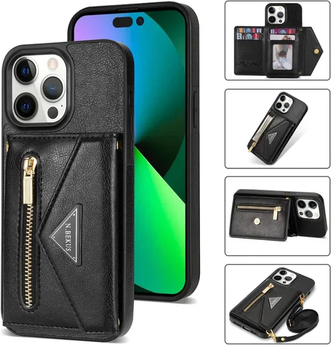 Vista 3 de Cartera con cremallera compatible con iPhone 14 Pro Max, funda cruzada con correa para mujer, tarjetero y cordón de 6.7 pulgadas, función atril