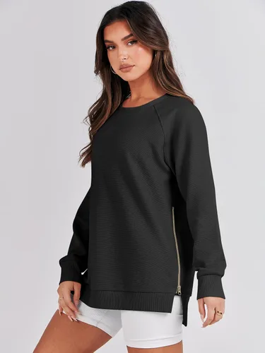 Vista 3 de Caracilia Sudaderas de gran tamaño para mujer, manga larga, cuello redondo, túnica con cremallera lateral, ropa de invierno de moda 2023