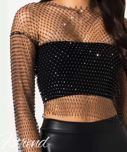 Vista 5 de Fstrend Cadena de malla de cristal con diamantes de imitación, parte superior corta negra, manga larga, bikini transparente, A