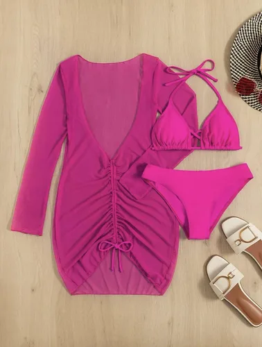 Vista 15 de SherryDC Traje de baño sexy de 3 piezas para mujer, conjunto de bikini triangular con cuello halter y manga larga, traje de baño con cordón