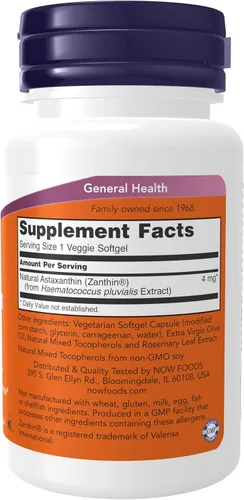 Vista 2 de NOW Foods Suplementos, Astaxantina 4 mg, presenta Zanthin®, apoya la salud ocular*, 60 cápsulas blandas vegetales