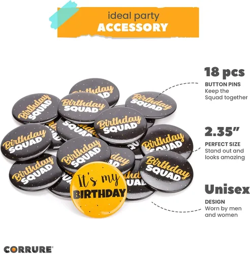 Vista 4 de CORRURE 18 pines de botón de cumpleaños de 2.35 pulgadas Alfileres de cumpleaños para todo el escuadrón de cumpleaños Insignia unisex Pinback