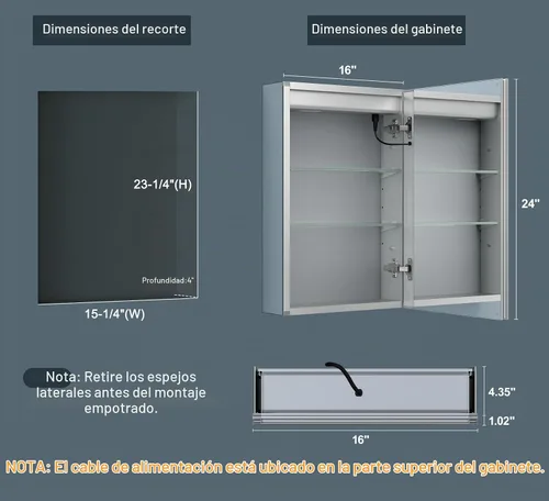 Vista 2 de Botiquín de 16 x 24 pulgadas con luces, marco de aleación AL, cableado, empotrado o montaje en pared, puertas de espejo/3