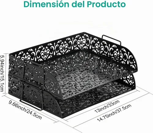 Vista 8 de EasyPAG, charola para escritorio de 2 niveles para cartas, diseño calado de flores, Negro