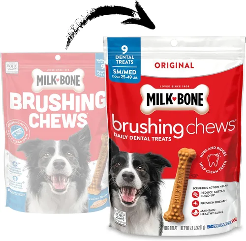 Vista 3 de Milk-Bone - Masticables originales para cepillar, golosinas dentales diarias para perros pequeños/medianos, 9 unidades (Paquete de 5) Acción