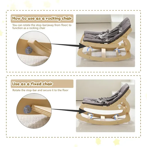 Vista 6 de Mecedora de Bebé de Madera Ajustable 3 en 1, Silla Mecedora de Diseño Ergonómico con Cojín Extraíble, Cinturón de Seguridad y Elevador, Reclinable