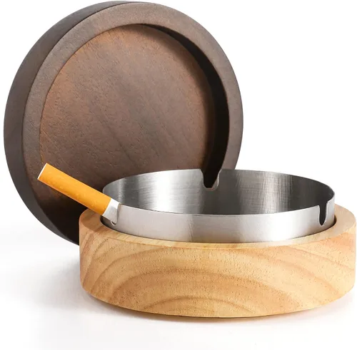 Vista 7 de Cenicero lindo para cigarrillos con tapa DDAJJAJ Cenicero de madera con acero inoxidable, cenicero portátil decorativo, cenicero resistente al